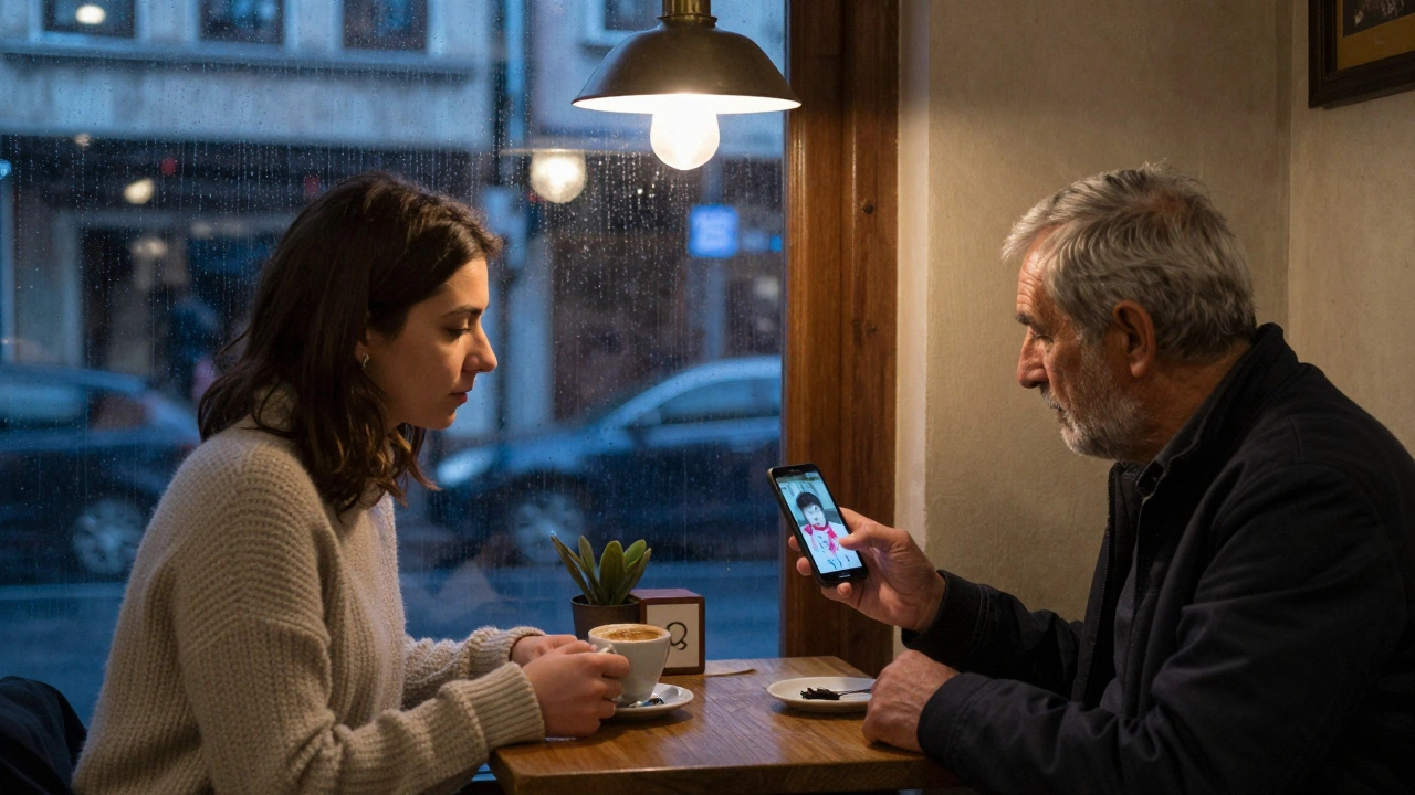 Quiet café at 4 AM in Taksim, woman serving coffee to man looking at a photo in soft light.
