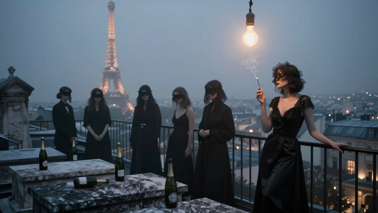 Rooftop club above a mortuary with Eiffel Tower in distance, guests in black silhouettes against mist.