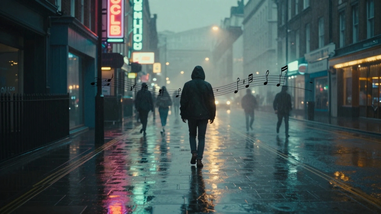 Solitary figure walking through rainy London streets at dawn with glowing club reflections