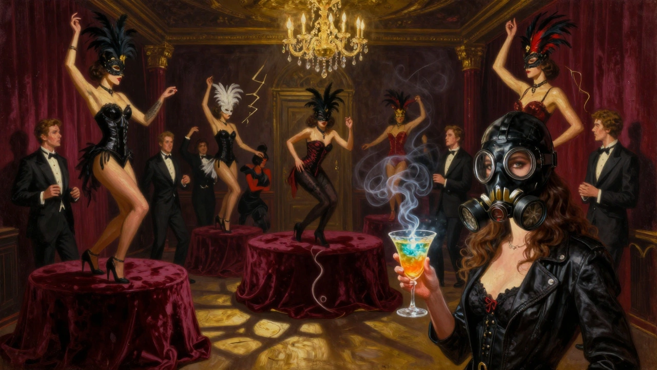 Surreal cabaret scene with performers in corsets and masks under chandeliers