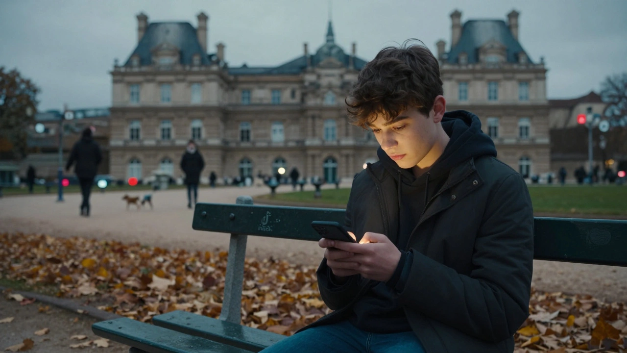 Teen scrolling on phone in Luxembourg Garden, thoughtful expression under autumn trees.
