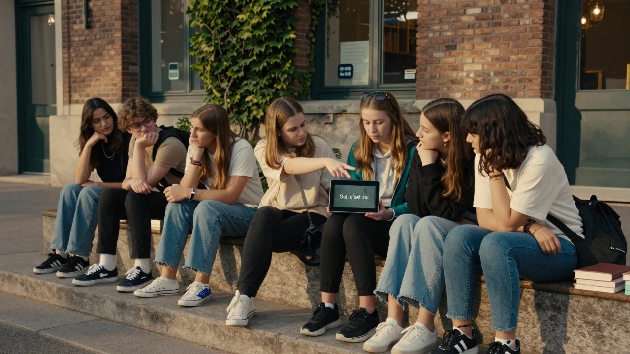 Teens watching a consent film on a tablet outside a Paris library, books on healthy relationships beside them.