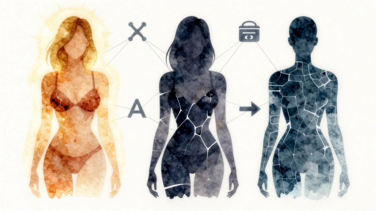 Three abstract figures symbolizing different forms of intimacy: warm connection, fragmentation, and digital emptiness.