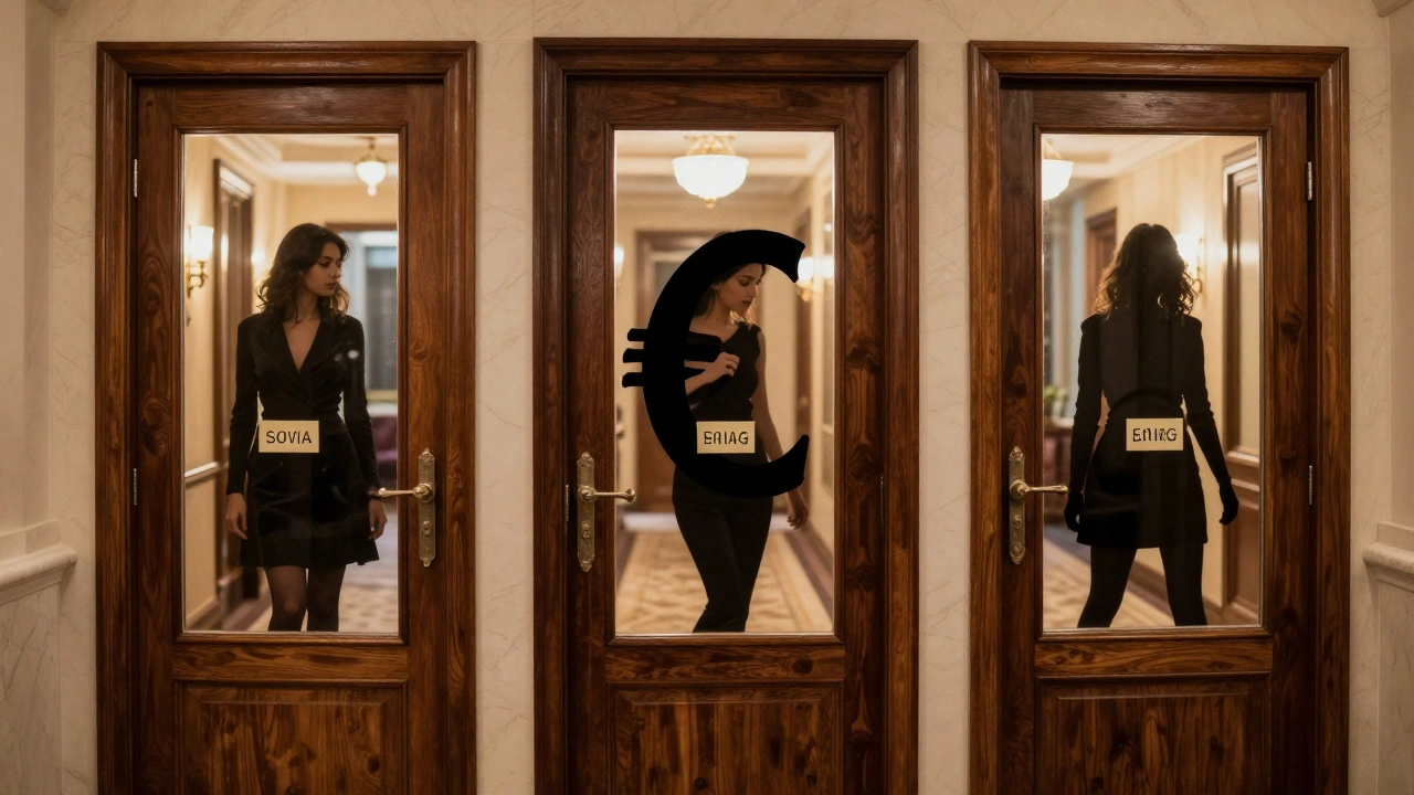 Three hotel doors slightly open, revealing silhouettes of women, each labeled with a price in euros.