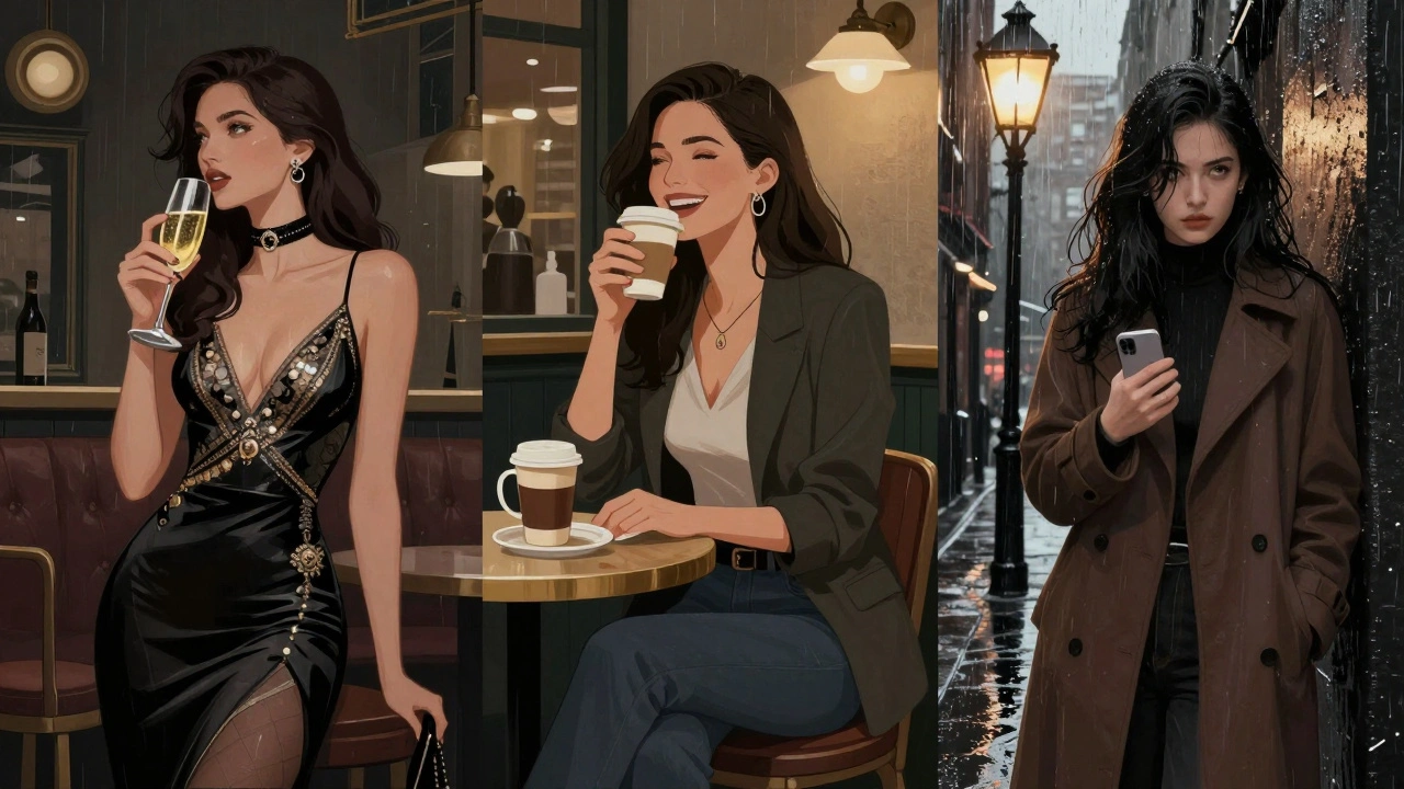 Three women in different settings: elegant in a loft, casual in a café, and anxious in an alley, each representing different tiers of companionship in London.