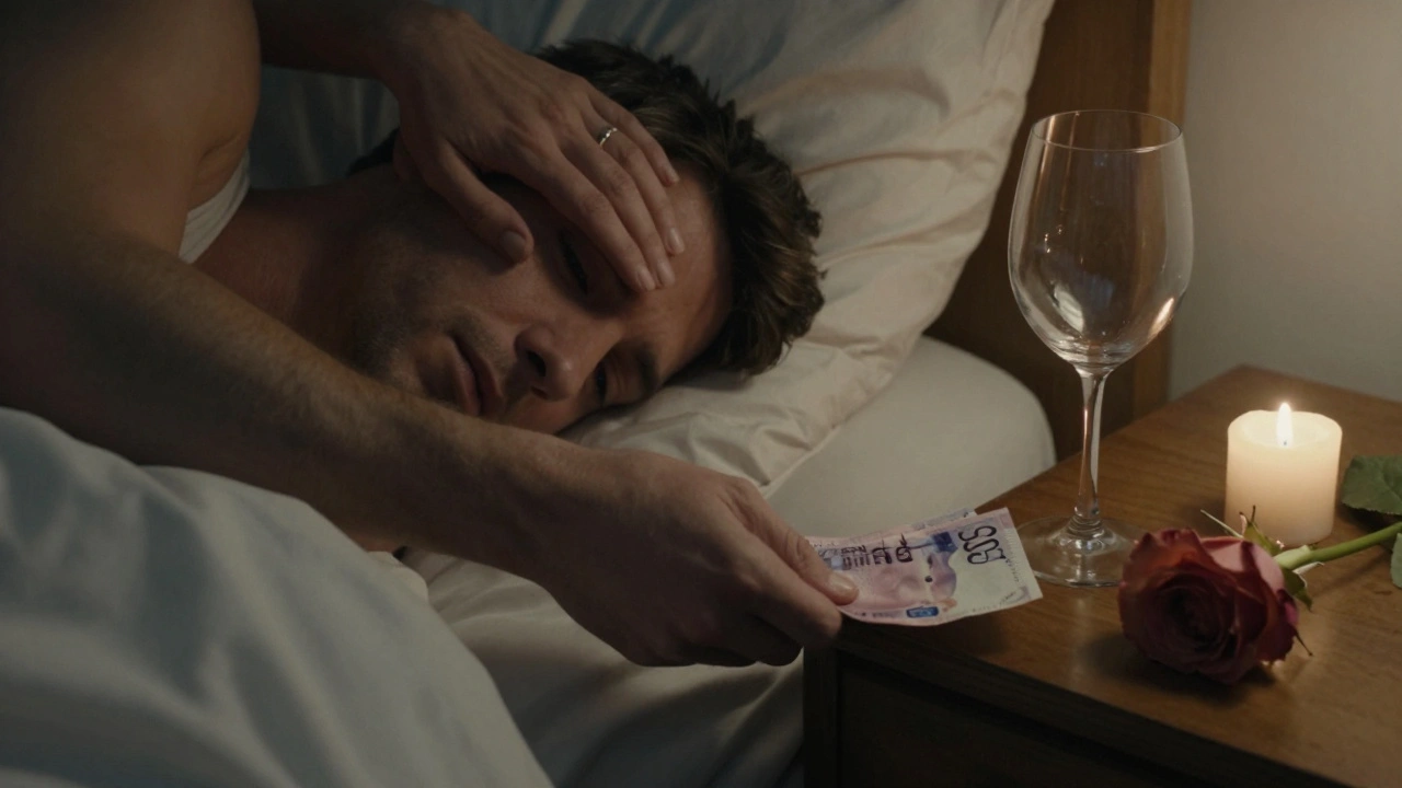Two hands: one placing cash on a nightstand, the other gently touching a man’s forehead in a quiet, intimate moment after intimacy.
