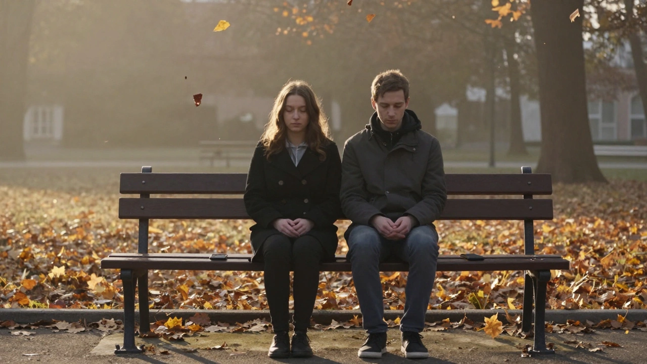 Two people sitting silently on a park bench at dawn, phones forgotten, sharing a coat in Belgrade.
