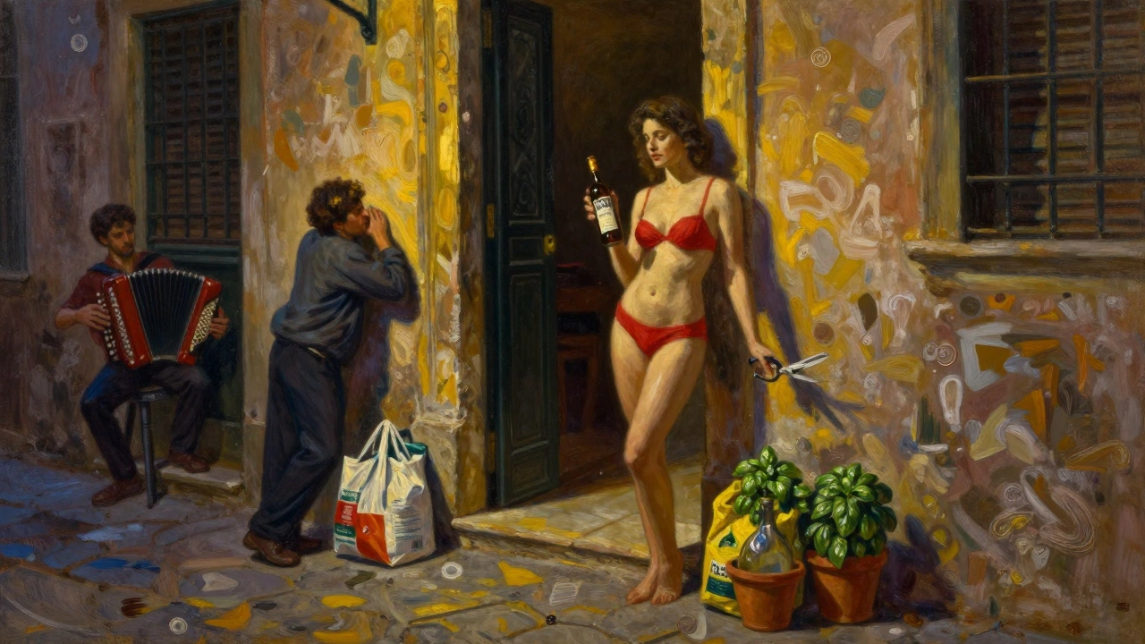 Woman in red underwear holds Marsala and scissors in a Palermo doorway at night, warm light spilling onto cobblestones.