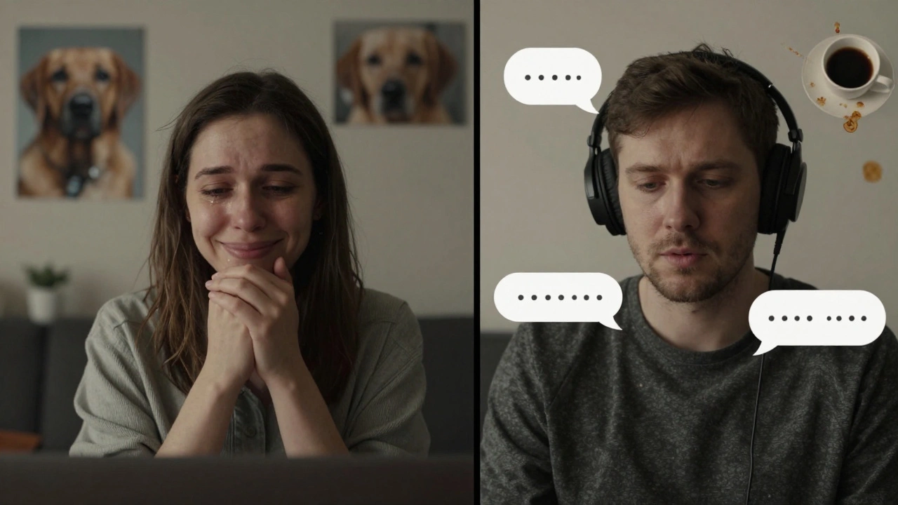 Woman on Zoom call crying softly while a man listens with headphones, surrounded by digital clutter.