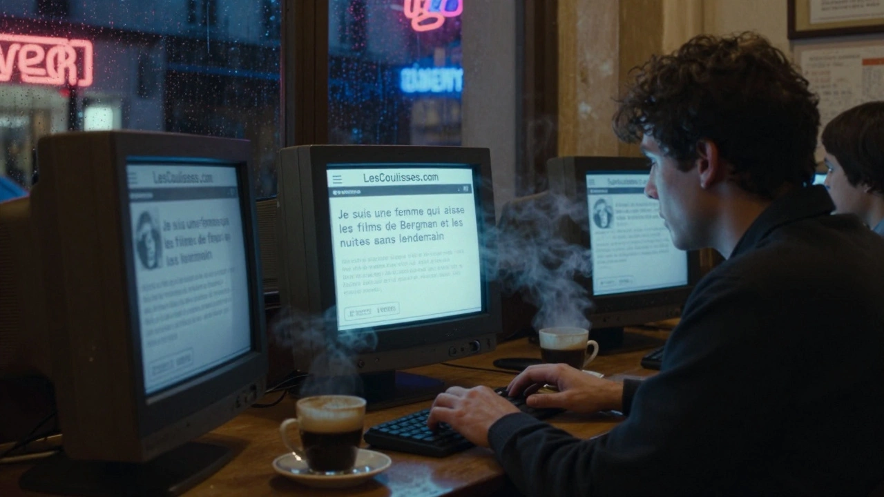 A 1990s cybercafé in Paris with a user reading a poetic online dating profile on a flickering monitor.