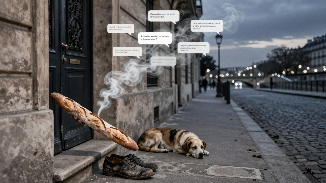 A baguette rests on a windowsill beside shoes and a sleeping dog, with fading text messages dissolving into smoke above a Parisian street at dusk.