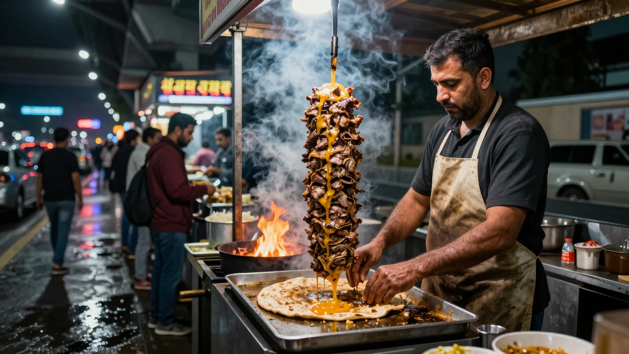 A chef stacking juicy lamb shawarma under a highway overpass at night.