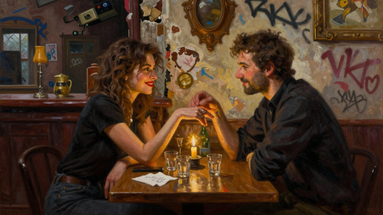 A couple shares a quiet moment in a Budapest ruin bar, candlelight reflecting off empty shot glasses and a handwritten napkin.