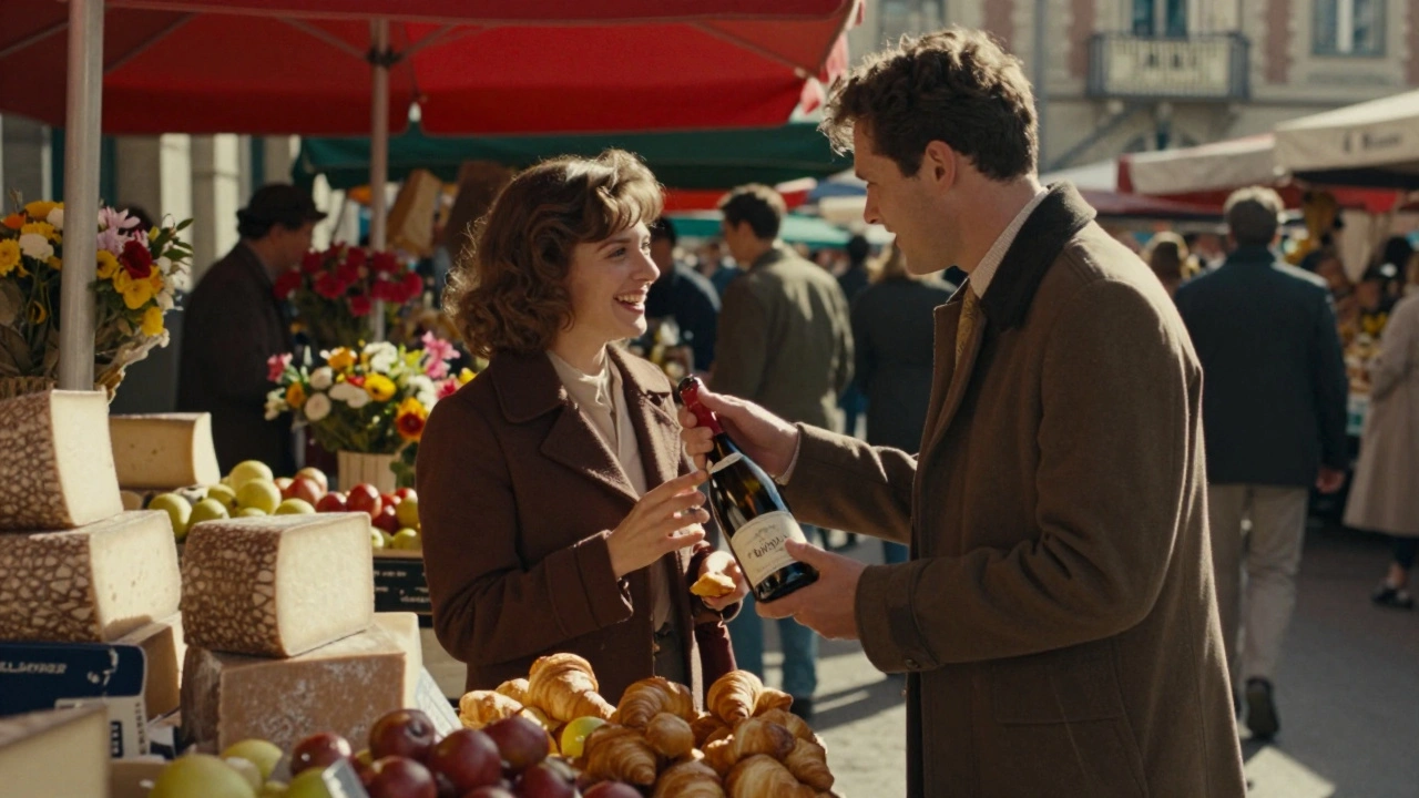 A couple shares wine and food at a bustling Parisian market, surrounded by fresh produce and flowers under warm afternoon light.