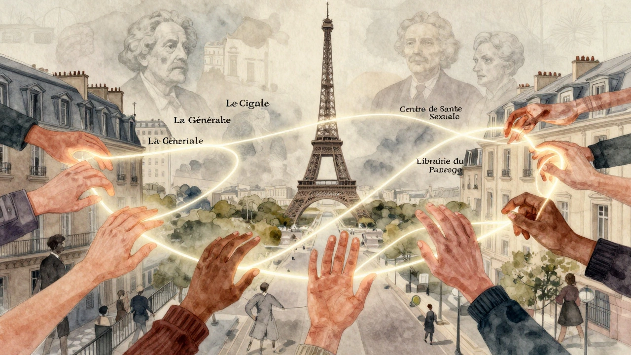 A delicate watercolor thread connects key queer spaces across Paris, symbolizing community, care, and continuity.