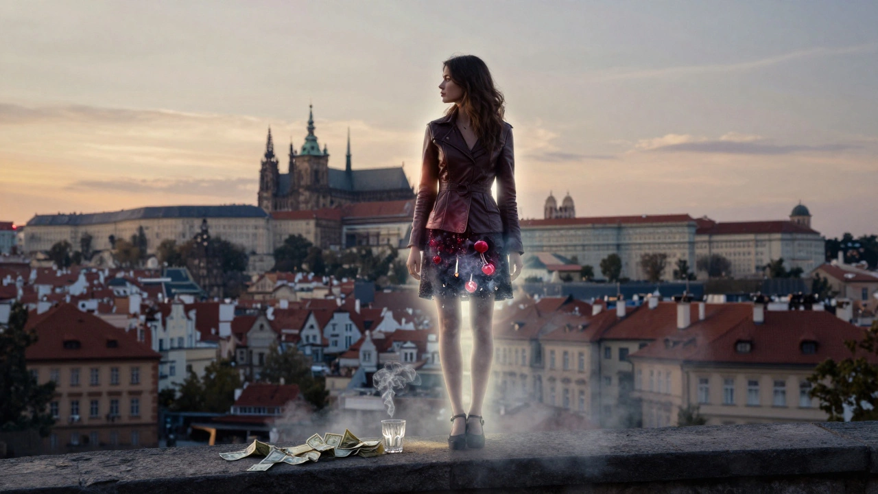 A glowing female silhouette stands atop a merged European city skyline, made of smoke, cash, and ash at dawn.
