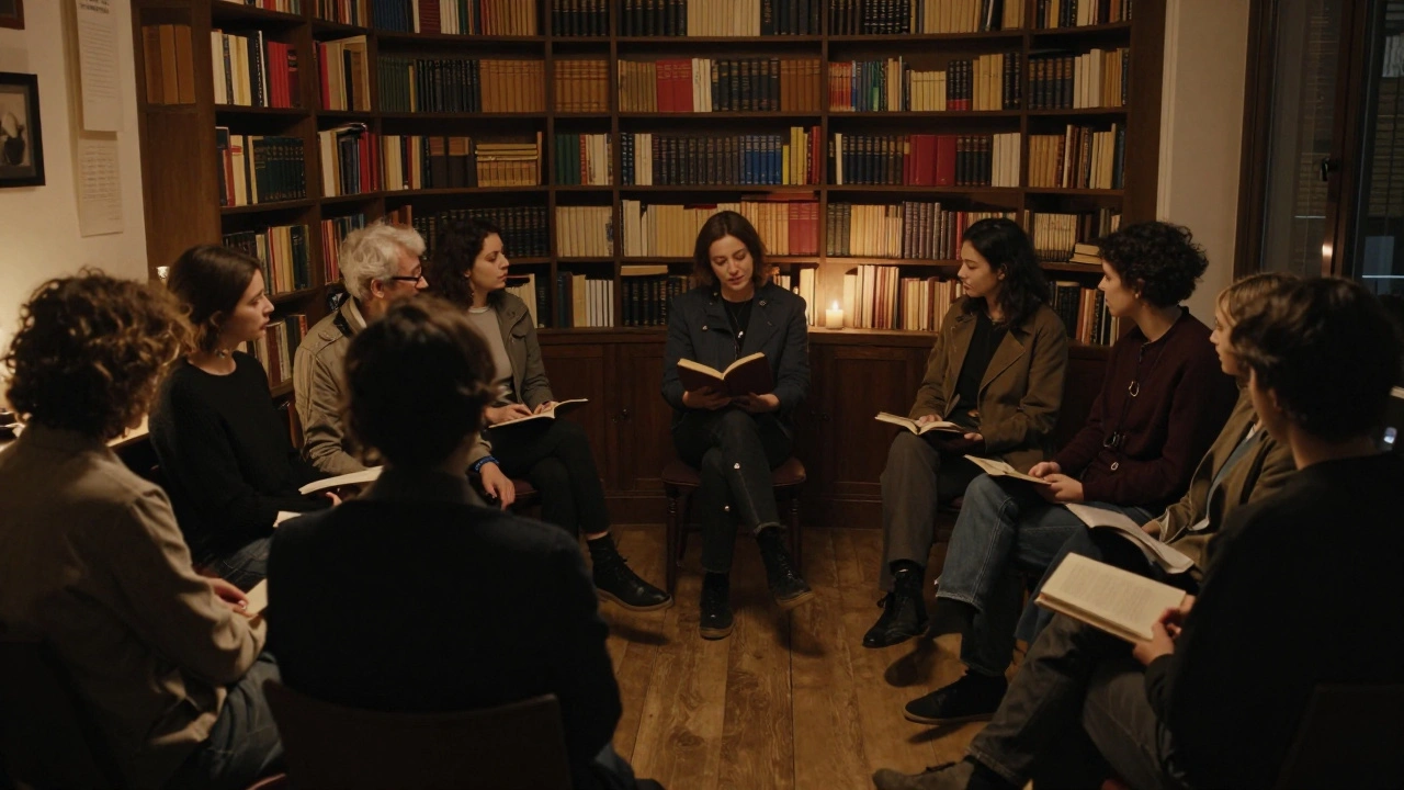 A group listening quietly to a reader in a dimly lit room during an intimate storytelling event.