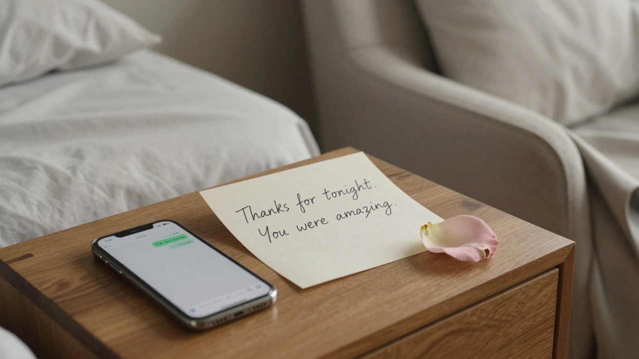 A handwritten thank-you note and rose petal on a nightstand, symbolizing respectful closure after an intimate encounter.