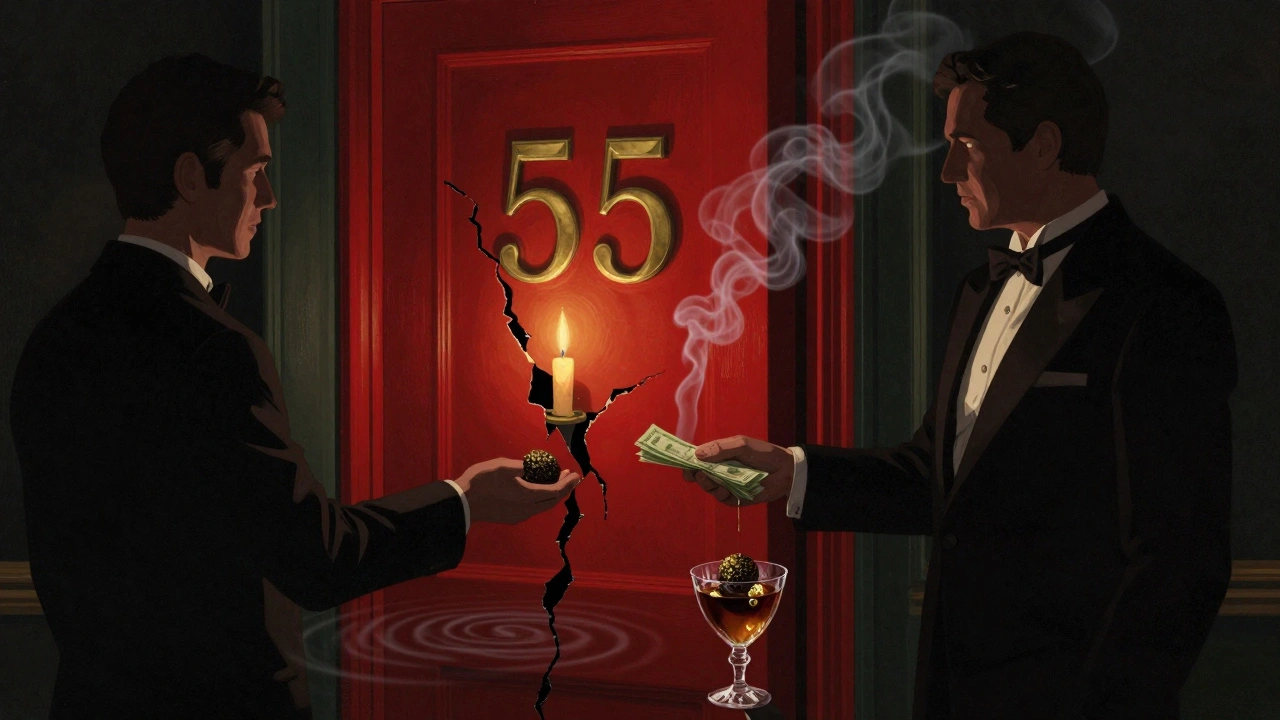 A hidden red door with brass number 55 glows with candlelight, shadowy figures and luxury drinks hinting at exclusivity.
