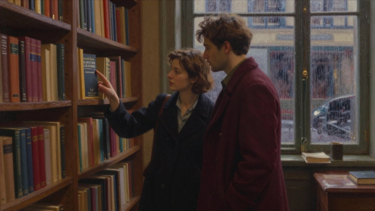 A man and woman discussing a book in a cozy Parisian bookstore, lamplight casting warm shadows.