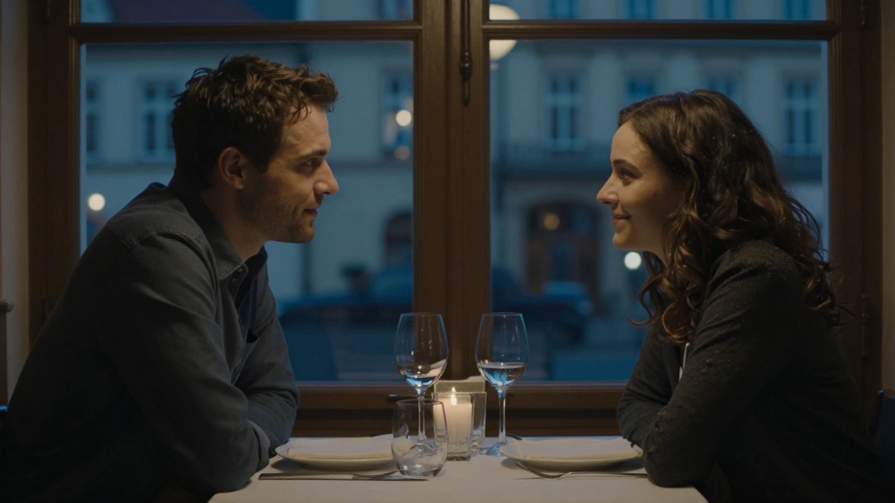 A man and woman sharing a quiet moment at a restaurant table in Prague, engaged in thoughtful conversation.