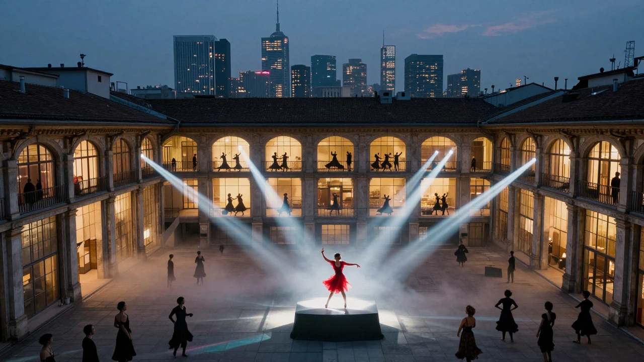 A massive warehouse club at night with dancers on a rooftop, pulsing lights and silhouettes against Milan's skyline.