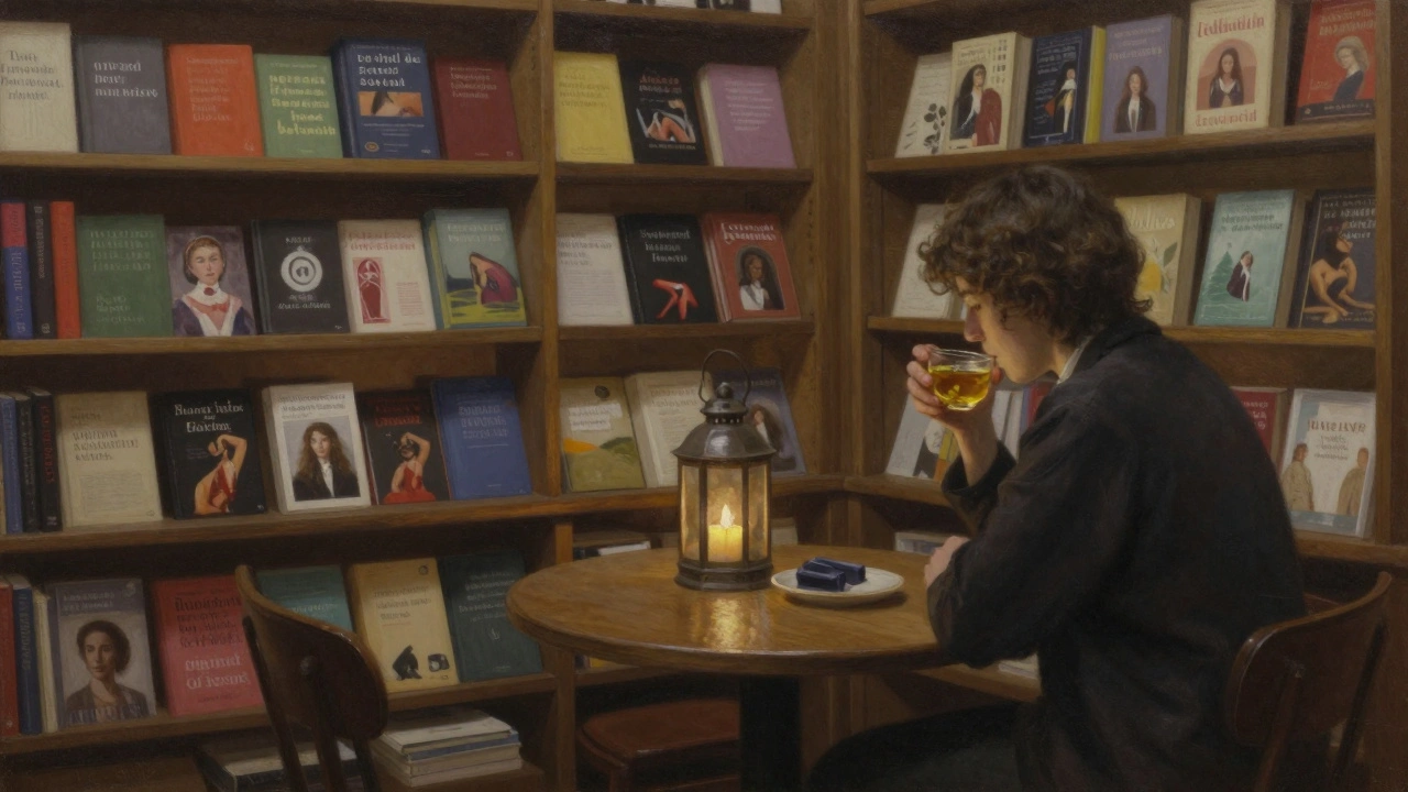 A person reading alone in a candlelit bookstore filled with books on intimacy and feminist philosophy.
