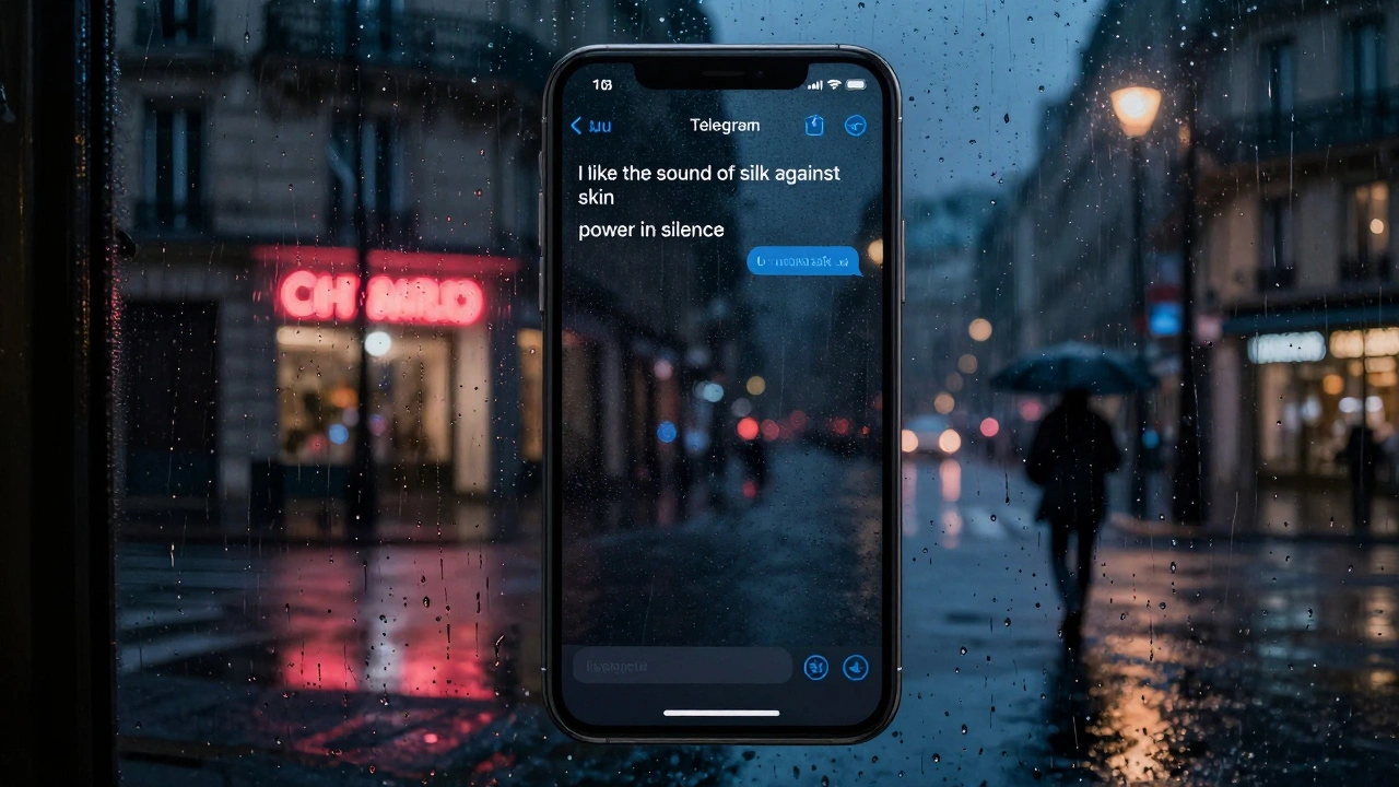 A smartphone screen reflecting in a rainy Paris window, showing poetic kink phrases in a noir-inspired night scene.