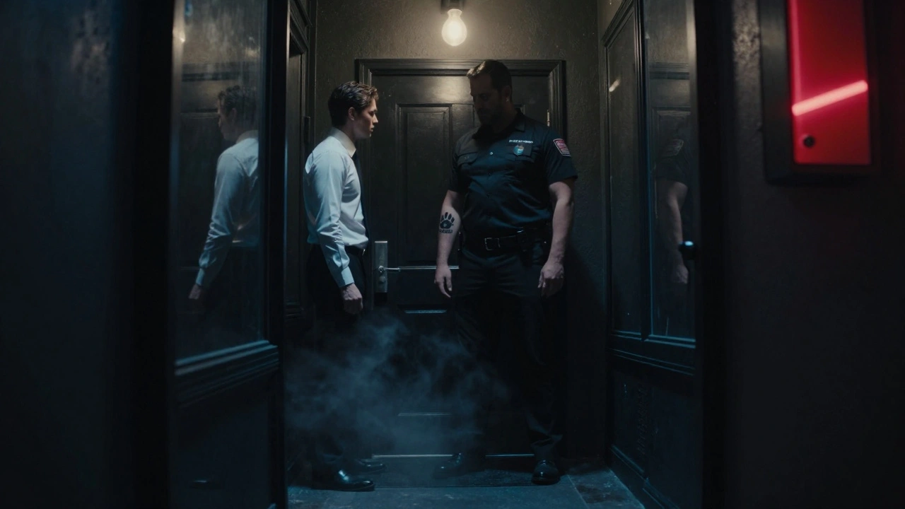 A towering bouncer stands at the entrance of a hidden club, silhouetted against a black door in a narrow alley.
