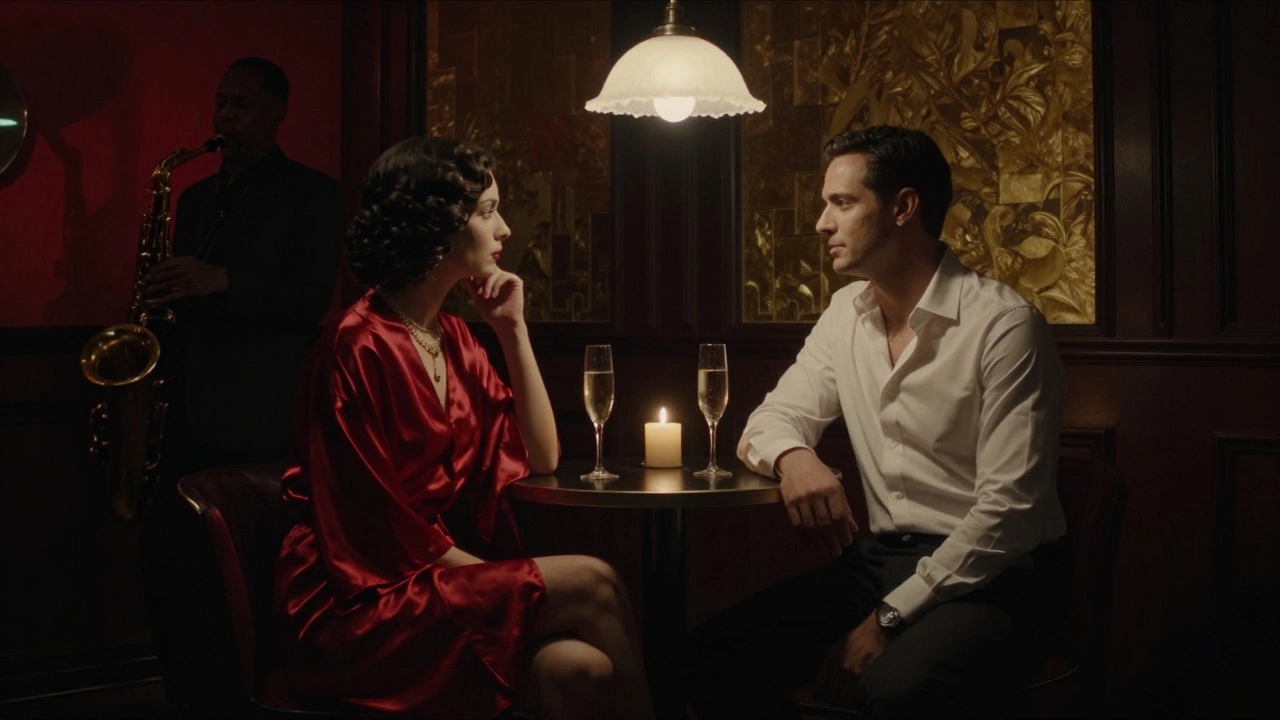 A woman in a silk robe shares an intimate moment with a man in a dimly lit underground speakeasy.