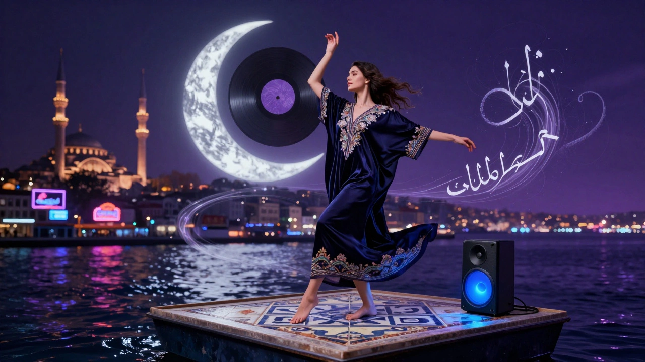 A woman in an embroidered kaftan dancing above the Bosphorus, blending Ottoman tiles with modern speakers under a vinyl-record moon.