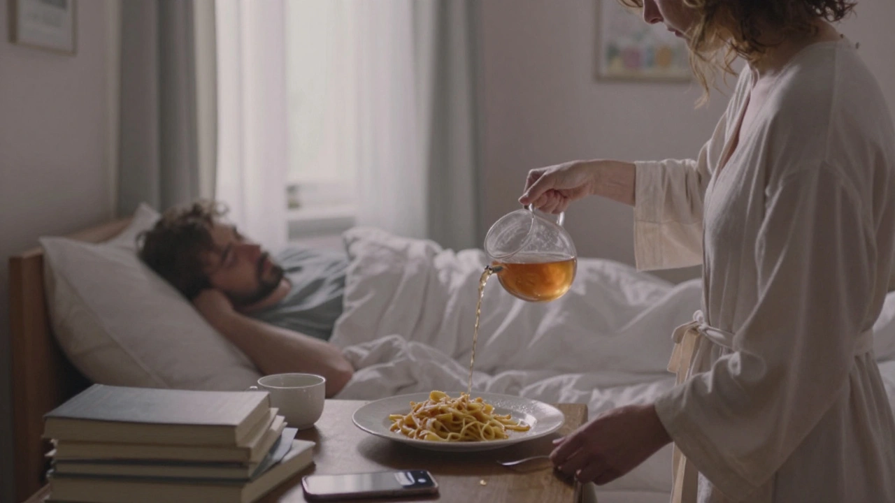 A woman pouring tea for a man in a cozy Warsaw apartment at dawn, soft sunlight and quiet intimacy in the air.