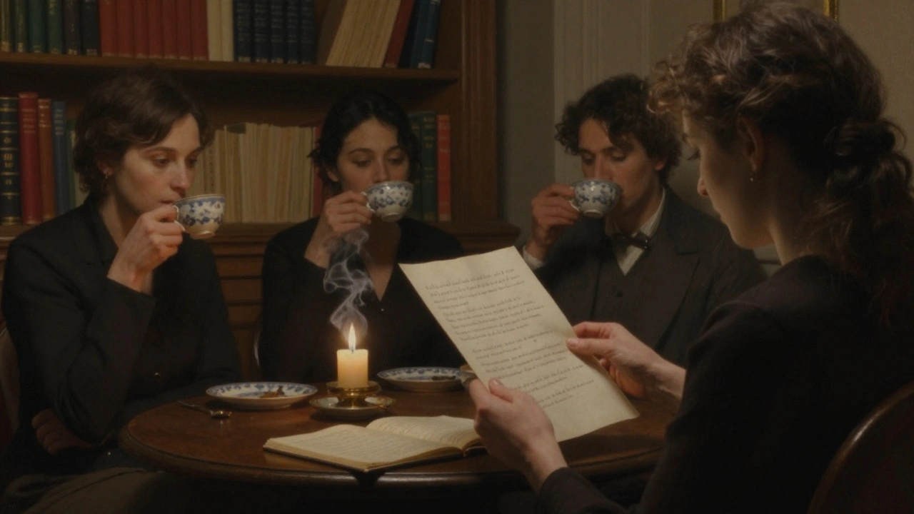 A woman reading poetry aloud in a quiet Paris salon, others listening in silence with tea and books around her.