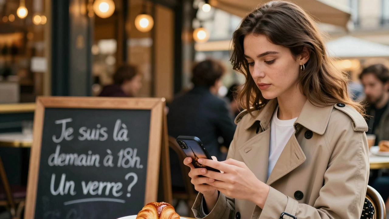 A woman swiping on a dating app in a Paris café, a croissant and Eiffel Tower photo visible on her screen.