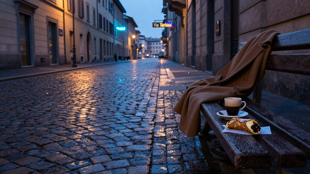 An empty Milan street at dawn with an espresso cup and coat left on a bench under soft streetlight.