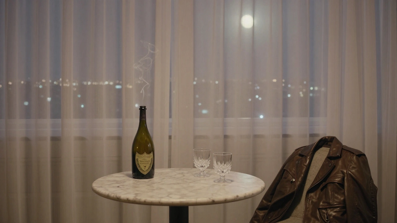 An empty private cabana at 3 a.m. with a half-finished bottle of champagne and a leather jacket.