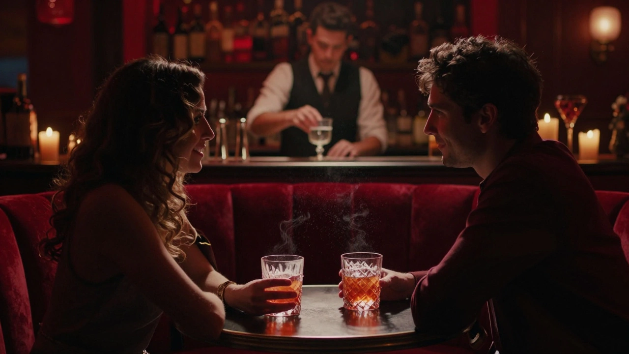 An intimate lounge with velvet booths and soft lighting, a couple sharing a quiet moment over cocktails.