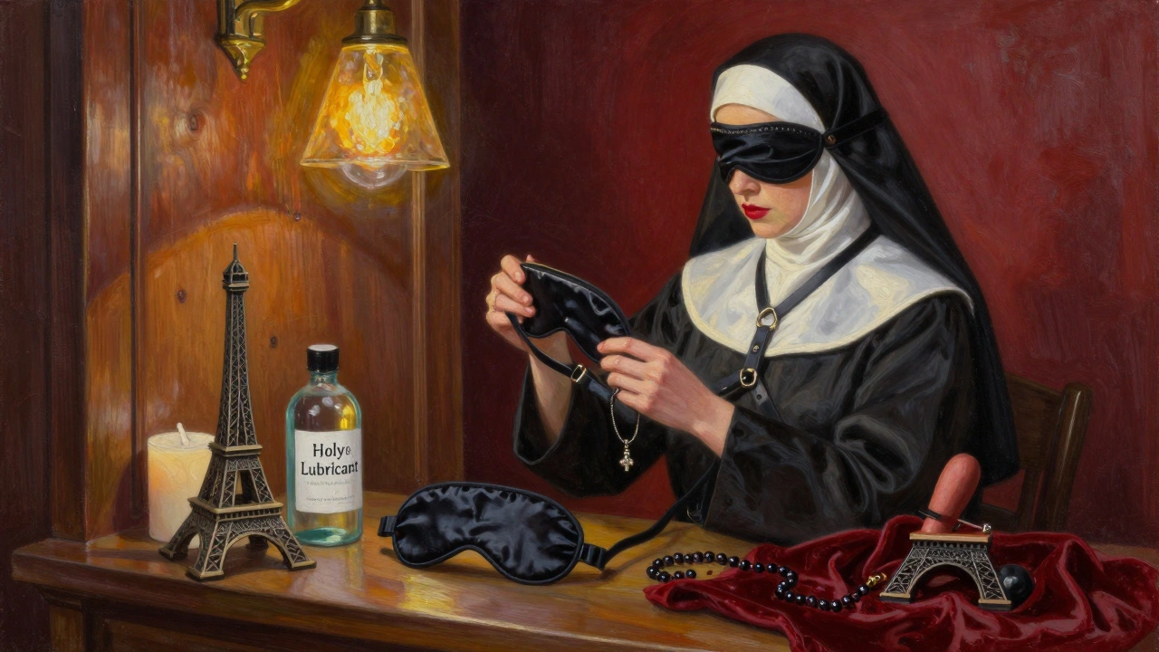 Boutique interior with harnesses, blindfolds, and a rosary beside candles, warm glowing lights.