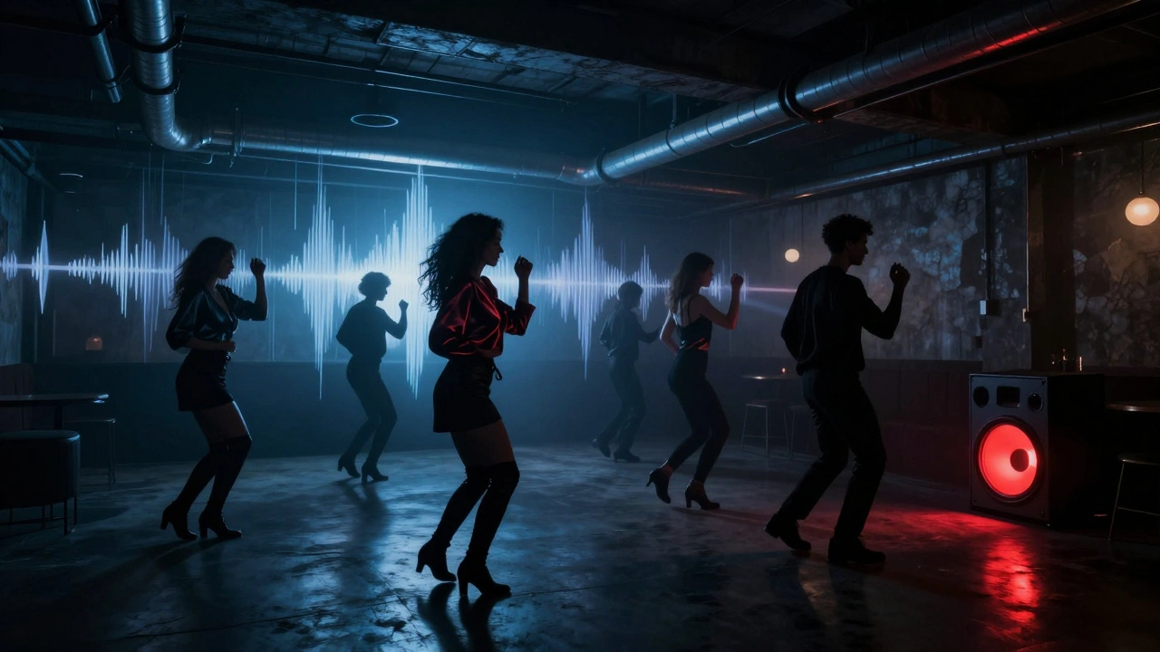 Crowd dancing in a dark industrial club, strobe lights and bass vibrations, midnight energy.
