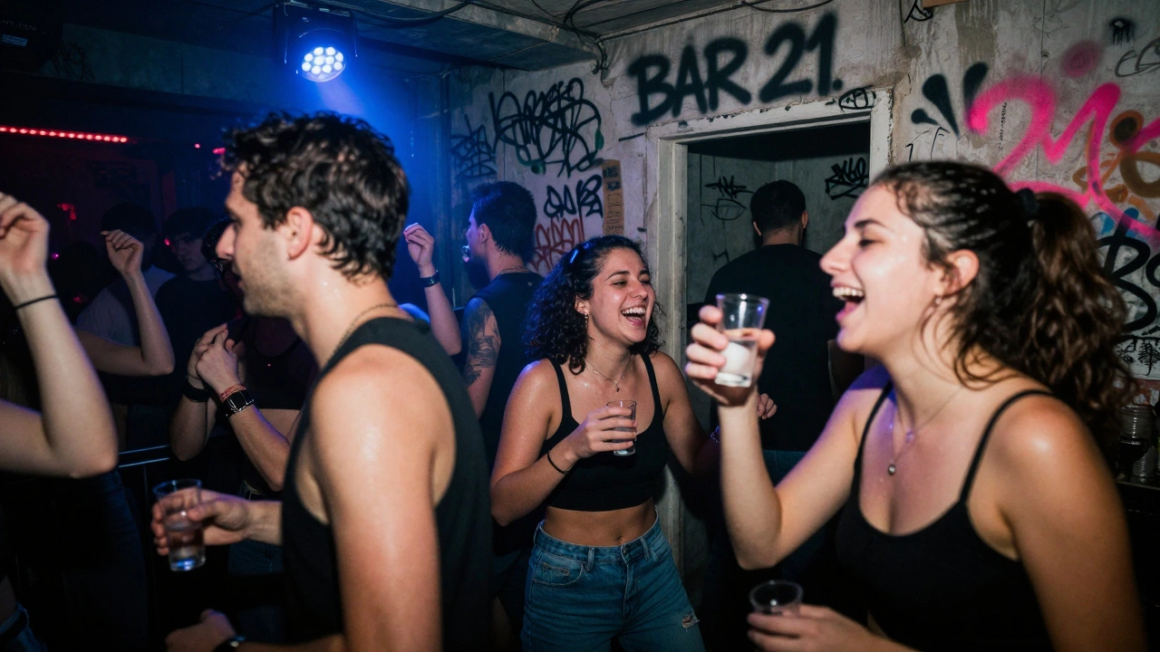 Crowd dancing in a dim basement bar with strobes, vodka shots in hand, chaotic energy.