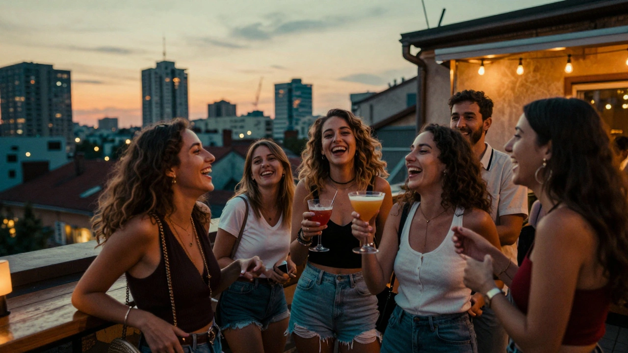 Eastern European women and a man laughing on a rooftop bar in Belgrade at sunset, city lights glowing behind them.