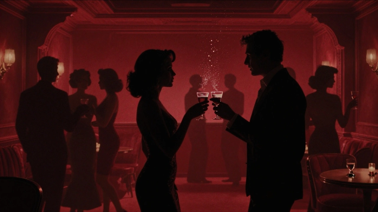 Elegant figures in a velvet-clad basement club, bathed in moody red light and pulsing bass.
