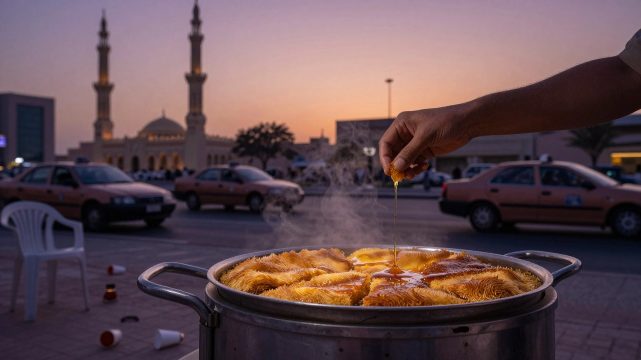 Golden kunafa dripping syrup at a desert dessert cart as dawn approaches.