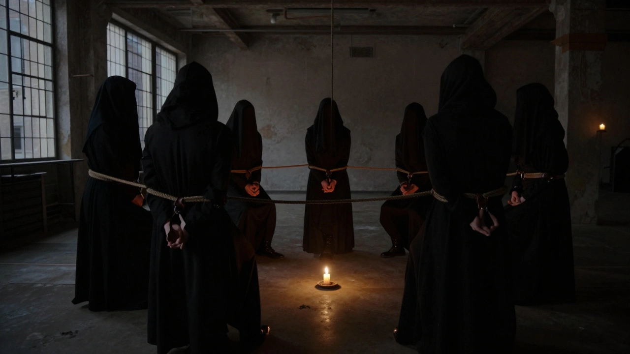 Group of shadowed figures in a candlelit warehouse gathering around leather restraints and silk ropes.