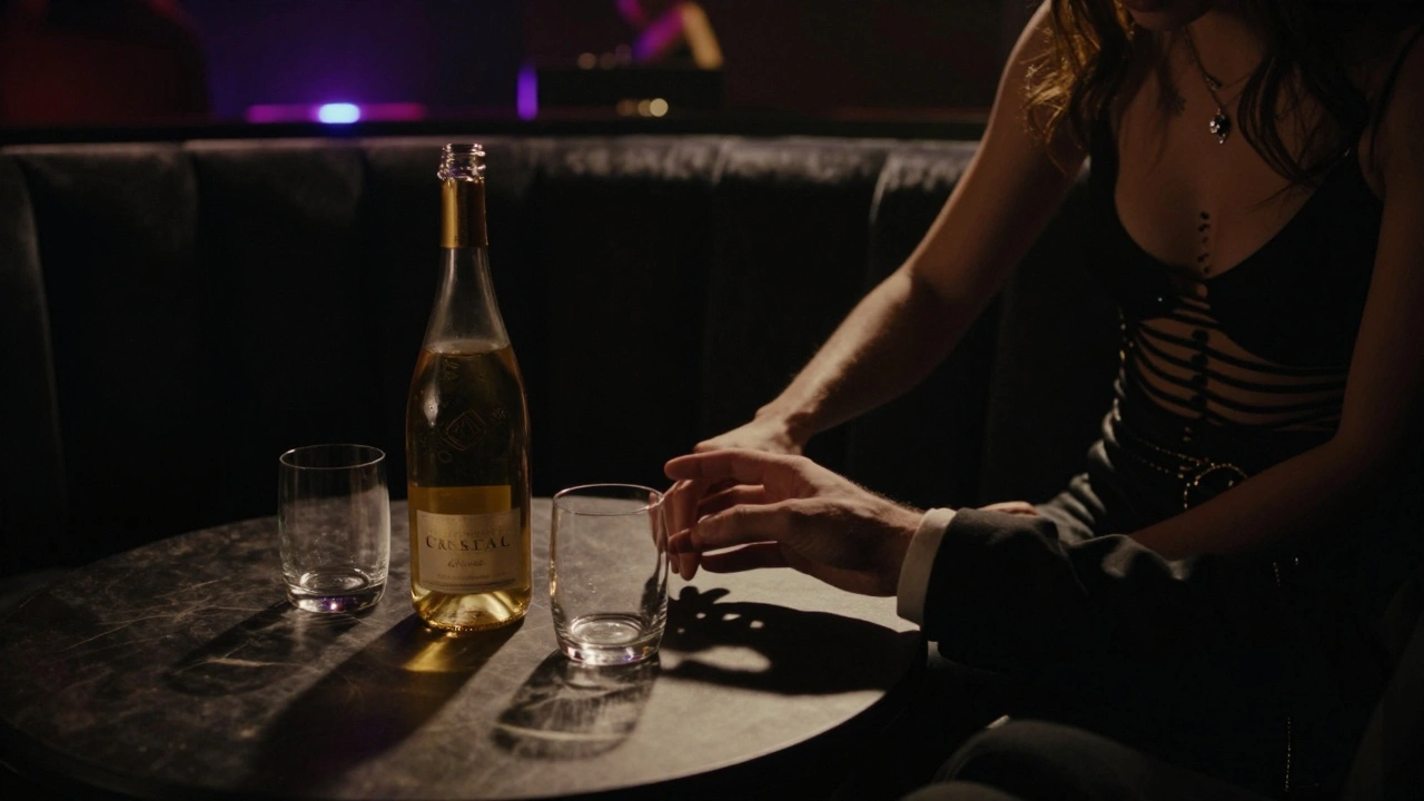 Intimate moment in a dimly lit VIP booth with a bottle of Cristal and a tattooed woman's hand reaching out.