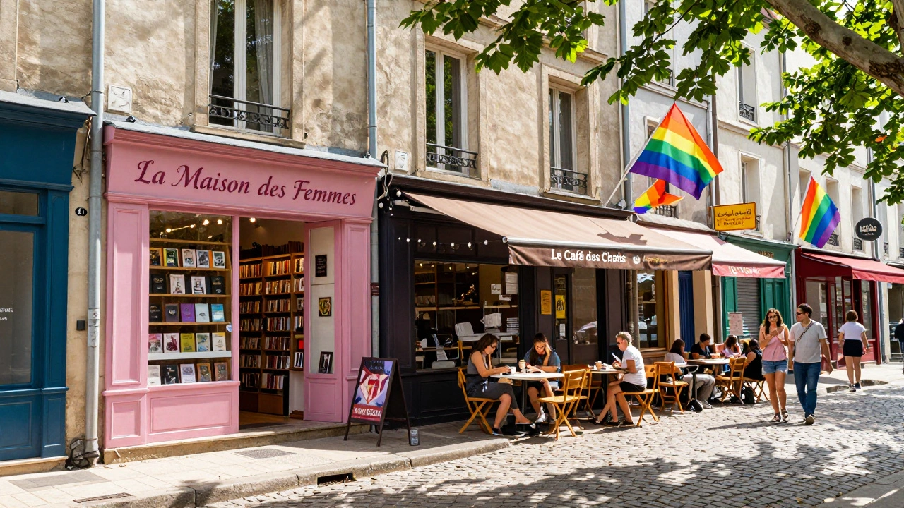 Le Marais street scene with rainbow flags, queer-owned businesses, and diverse signage under sunlight.