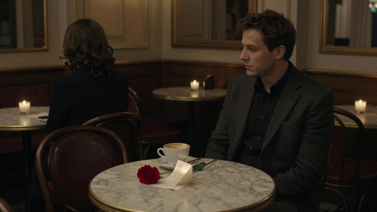 Man alone in an elegant café, empty chair and rose beside his coffee, quiet moment of reflection.