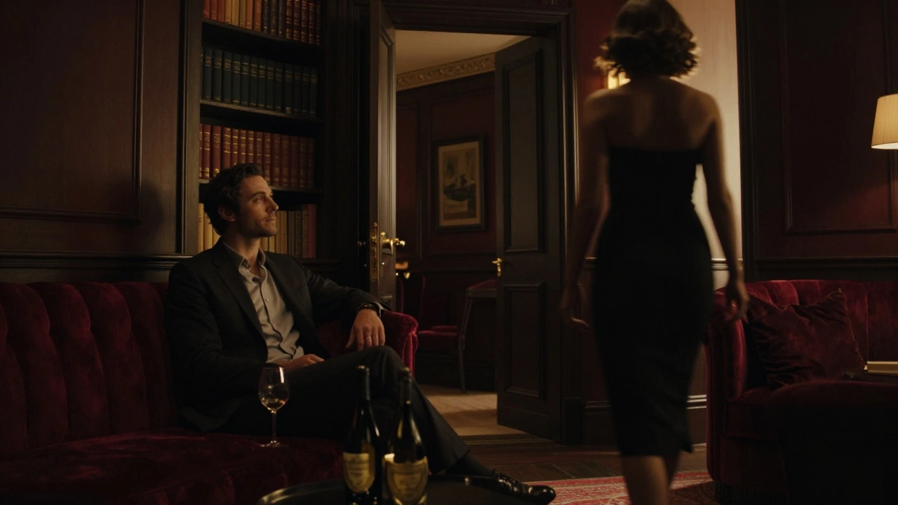 Man in a velvet lounge, woman approaching from shadows, hidden bookshelf entrance.