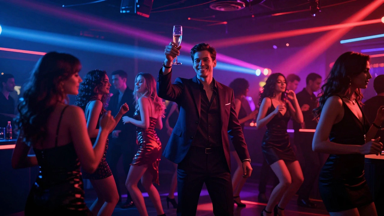 Neon-lit nightclub with dancers moving to pulsing bass, elegantly dressed crowd in cinematic style.