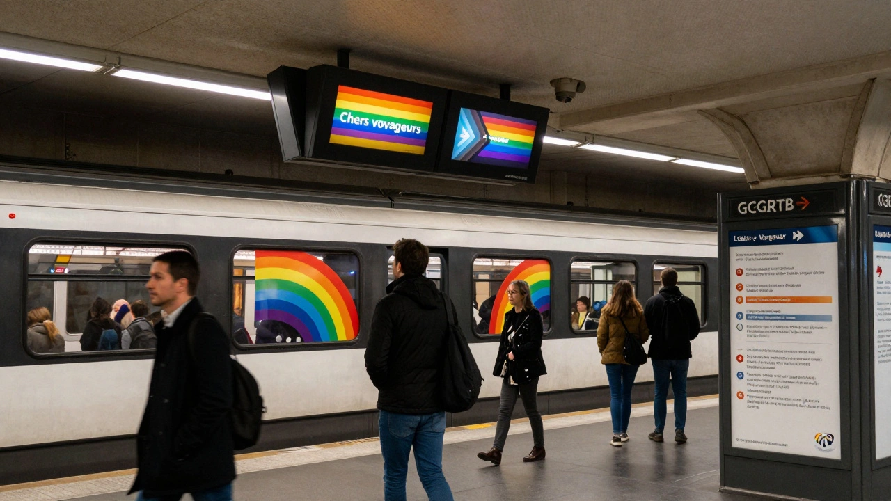 Paris metro station with gender-neutral announcements and LGBTQ+ information kiosk, diverse passengers nearby.